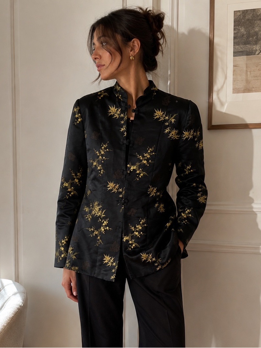 Vintage Black Gold Embroidered Floral Brocade Mandarin Frog Closure Jacket XS S